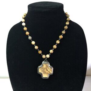 Brown Stone Square Cross Pendant Statement Silver Tone Necklace Religious Faith